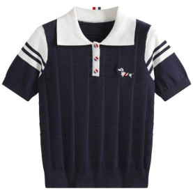 THOM BROWNE 톰브라운 숄더 카라 배색 반팔 니트 2COLOR