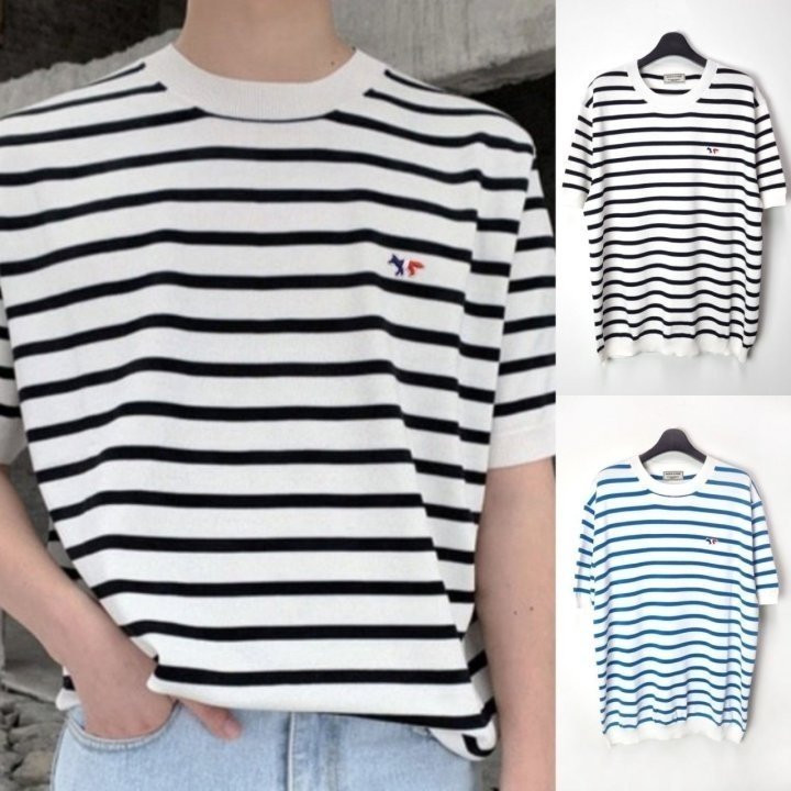 MAISON KITSUNE 메종키츠네 트리컬러 단가라 니트반팔
