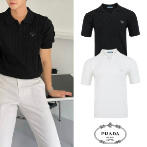 PRADA 프라다 레더 트라이앵글 오픈 카라 니트