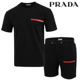 PRADA 프라다 레드 로고 패치 반팔 & 반바지 셋트