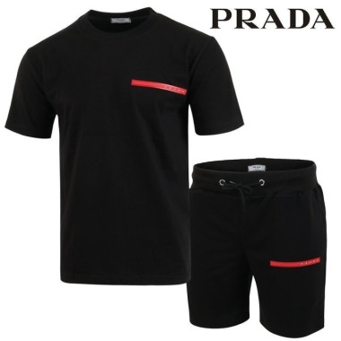 PRADA 프라다 레드 로고 패치 반팔 & 반바지 셋트