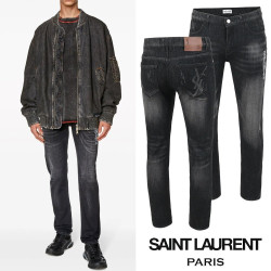 SAINT LAURENT 생로랑 레터링 자수 빅로고 융기모 흑청 슬림진
