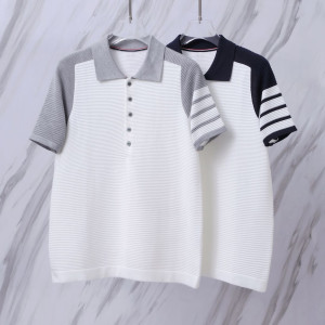 THOM BROWNE 톰브라운 025 사선 케이블 컬러 블록 폴로 니트 반팔