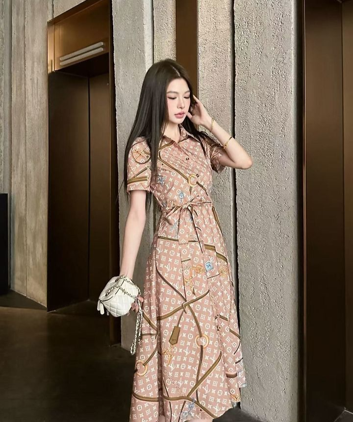 LOUIS VUITTON 루이비통 1001 모노그램 스카프 프린트 실크 셔츠 드레스 2COLOR