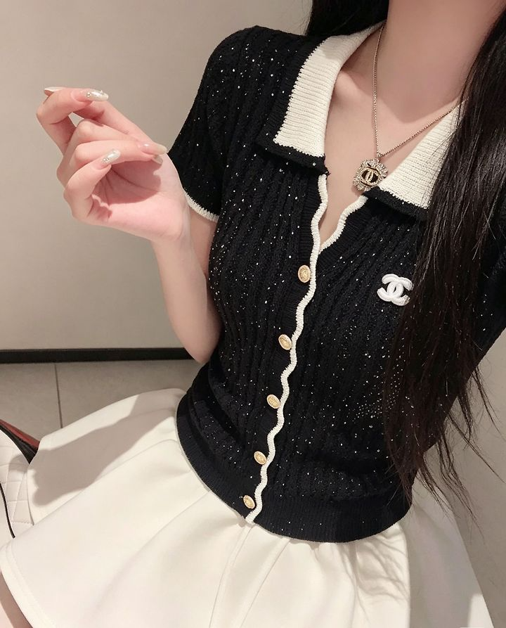 CHANEL 샤넬 1033 배색 펄 반팔 니트 가디건 2COLOR